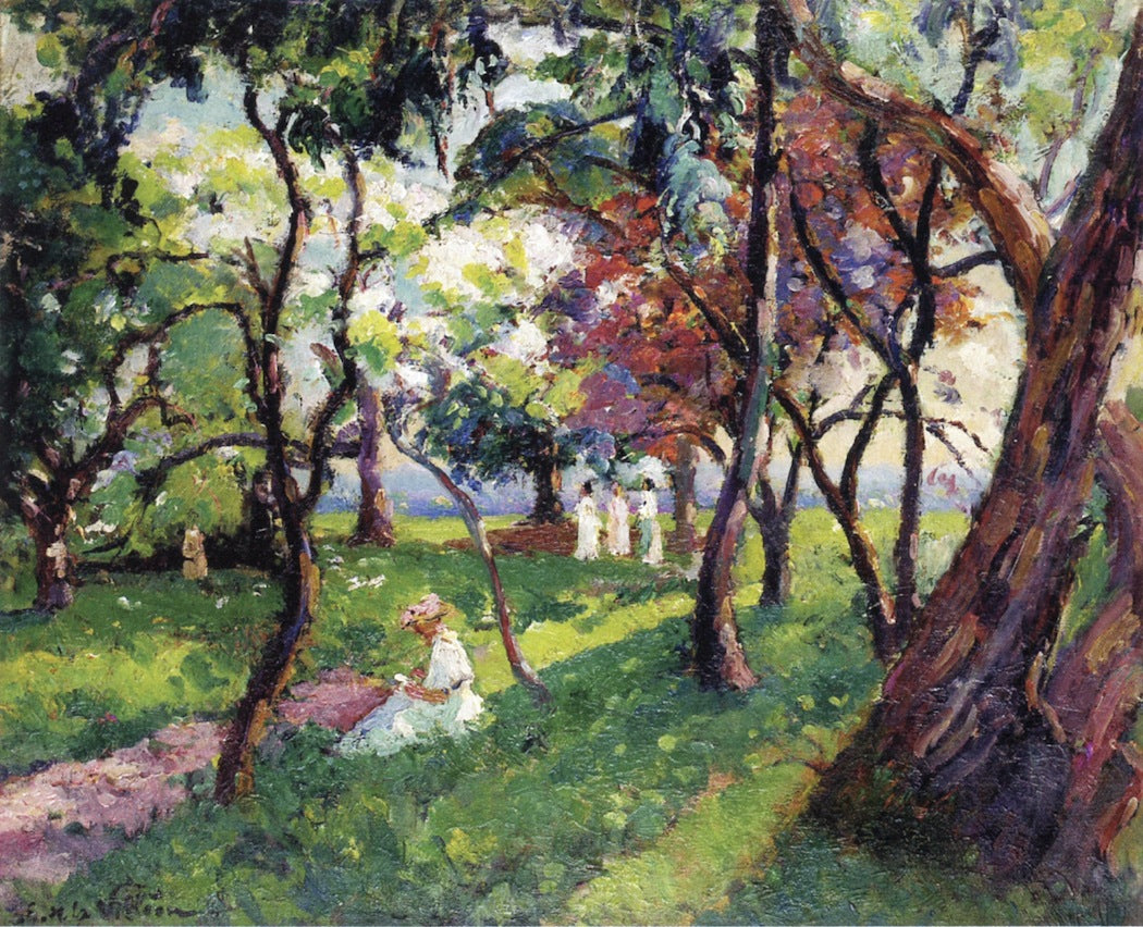 A Family in the Parc de Salvar Nièvre, vintage artwork by Emmanuel de la Villeon, 12x8" (A4) Poster