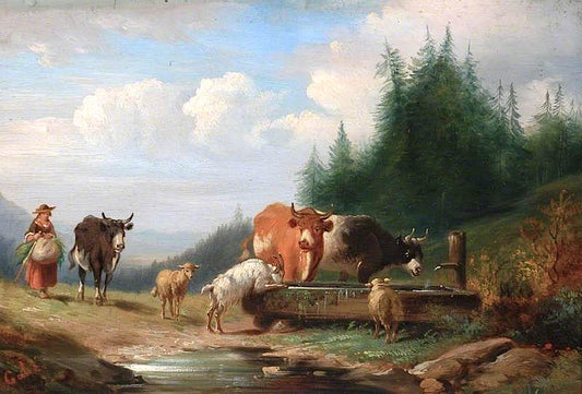 Cows, Sheep and a Goat at a Drinking Trough, vintage artwork by Nicolas Edward Gabe, A3 (16x12") Poster Print
