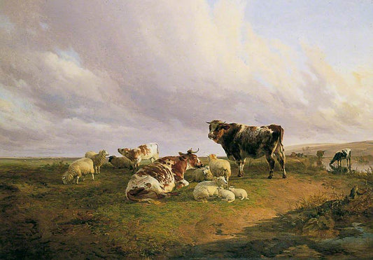 Cattle and Sheep by  a Watering Place, vintage artwork by Thomas Sidney Cooper, A3 (16x12") Poster Print
