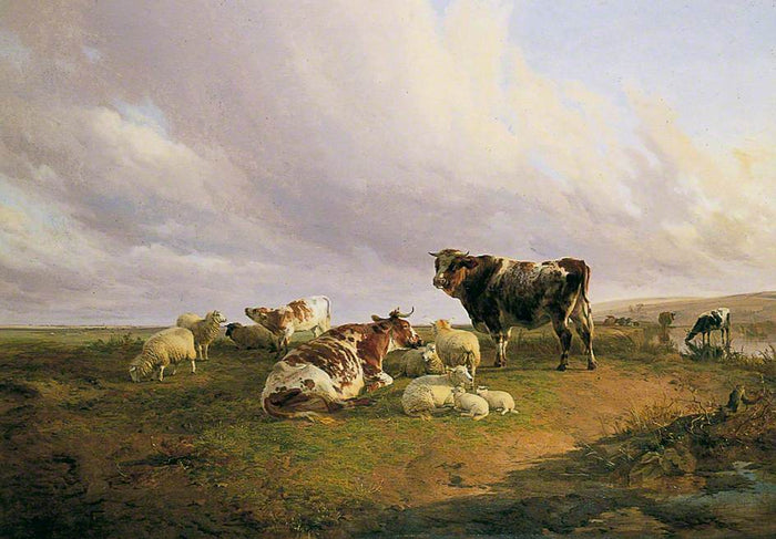 Cattle and Sheep by  a Watering Place, vintage artwork by Thomas Sidney Cooper, A3 (16x12