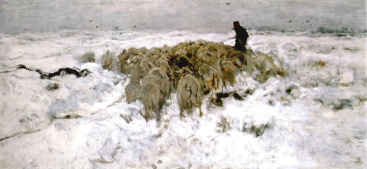 Flock of sheep in the Snow, vintage artwork by Anton Mauve, 12x8" (A4) Poster