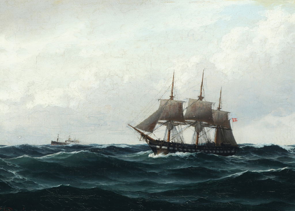 Seascape with sailing ship and motor ship, vintage artwork by Carl Baagöe, 12x8" (A4) Poster