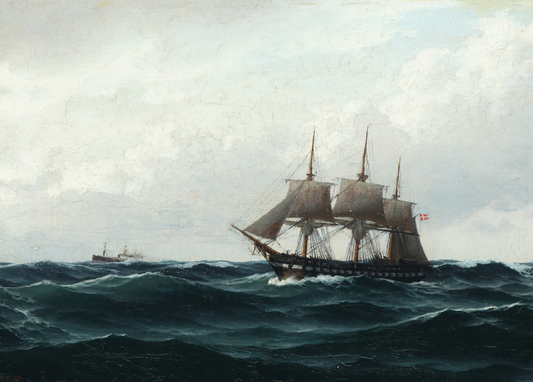 Seascape with sailing ship and motor ship, vintage artwork by Carl Baagöe, 12x8" (A4) Poster