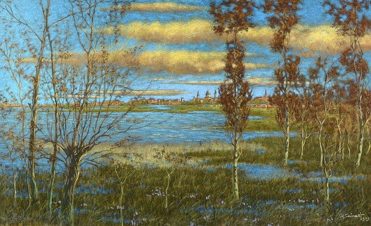 Flooded Riverbank with Trees, vintage artwork by Gerolamo Cairato, 12x8" (A4) Poster