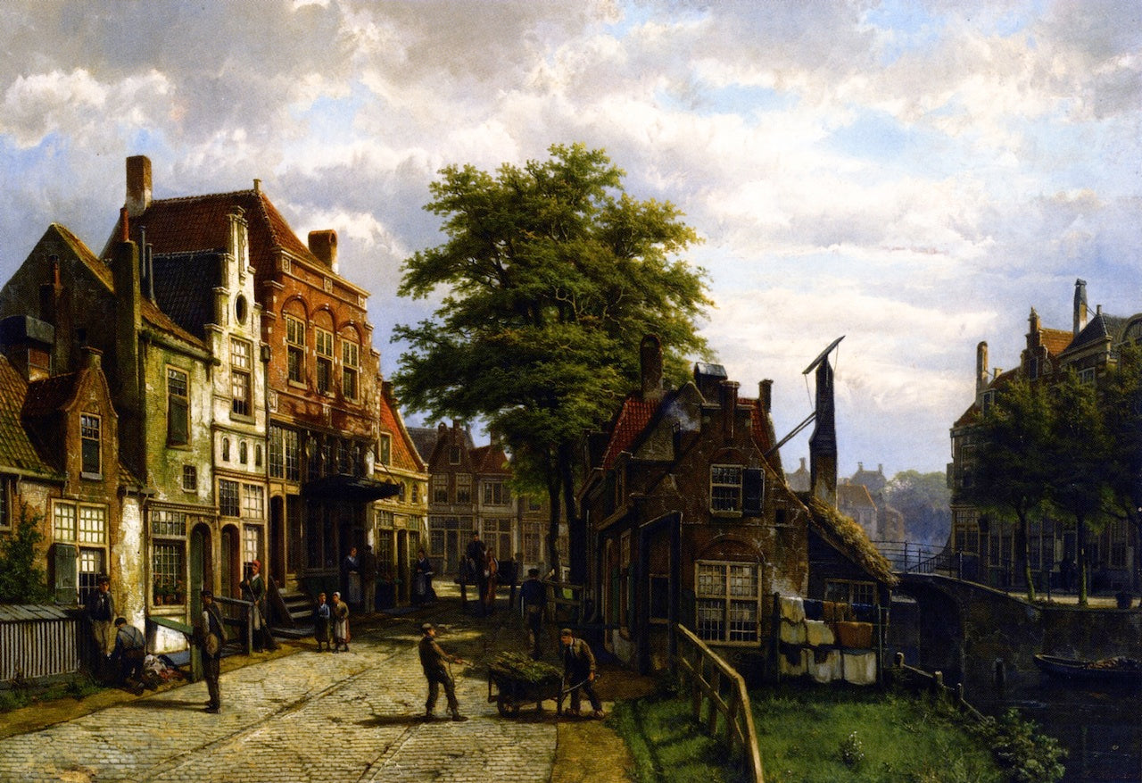 Figures in a Dutch Town on a Sunny Day, vintage artwork by Willem Koekkoek, 12x8" (A4) Poster