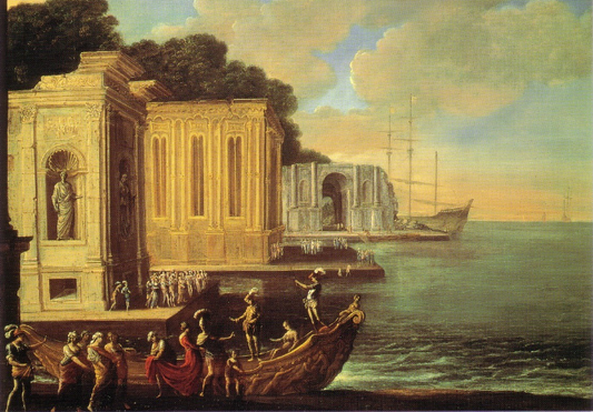 Landscape of a Port, with Three Buildings and an Embarkation, possibly the Rape of Helena, vintage artwork by Claude Lorrain, 12x8" (A4) Poster