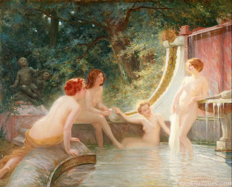 Bathers in a Fountain, vintage artwork by Albert Auguste Fourie, 12x8" (A4) Poster