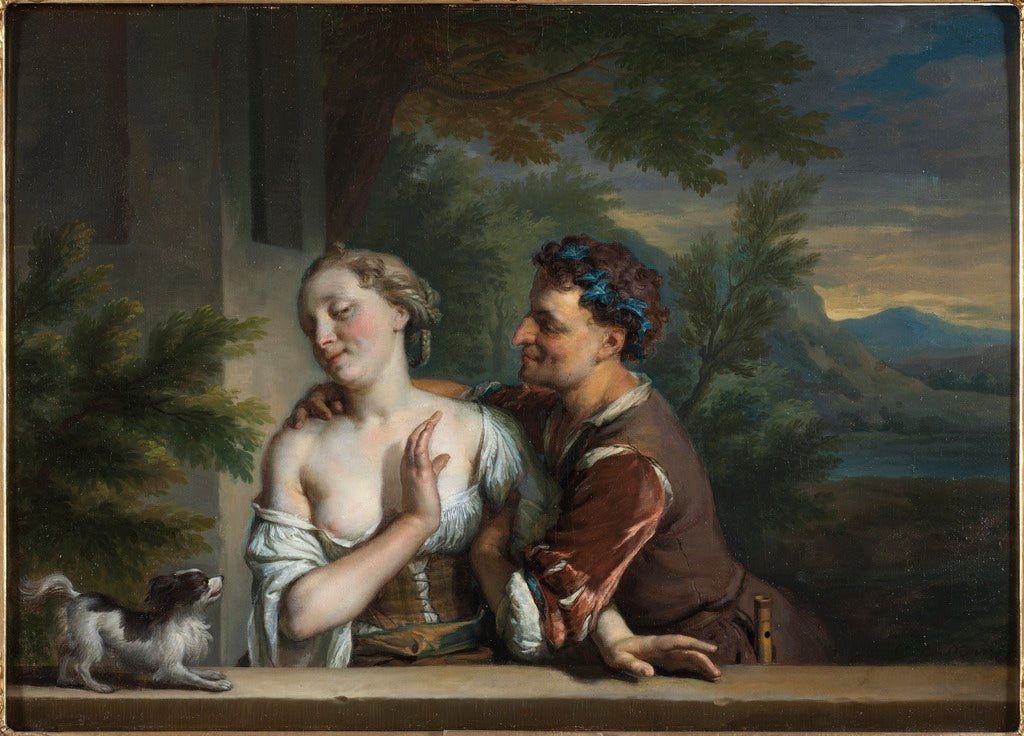 A Man Trying to Embrace a Woman, vintage artwork by Carel de Moor, 12x8" (A4) Poster