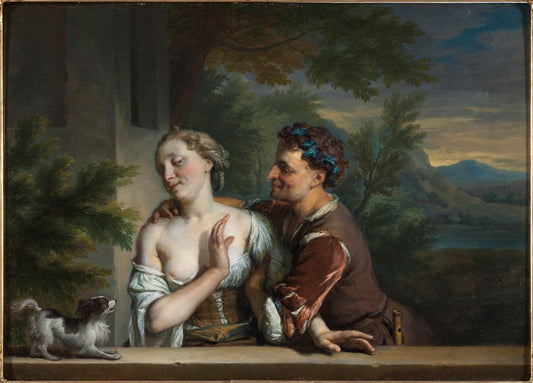 A Man Trying to Embrace a Woman, vintage artwork by Carel de Moor, 12x8" (A4) Poster