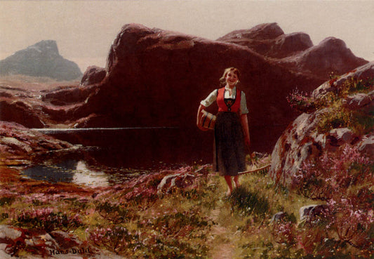 A Girl on a Sunlit Track Before a Fjord, vintage artwork by Hans Dahl, 12x8" (A4) Poster