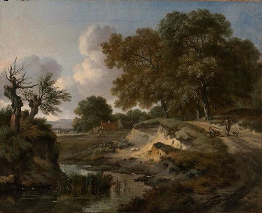 A Wooded Landscape with Travelers and a Dog on a Path, vintage artwork by Jan Wijnants, 12x8" (A4) Poster