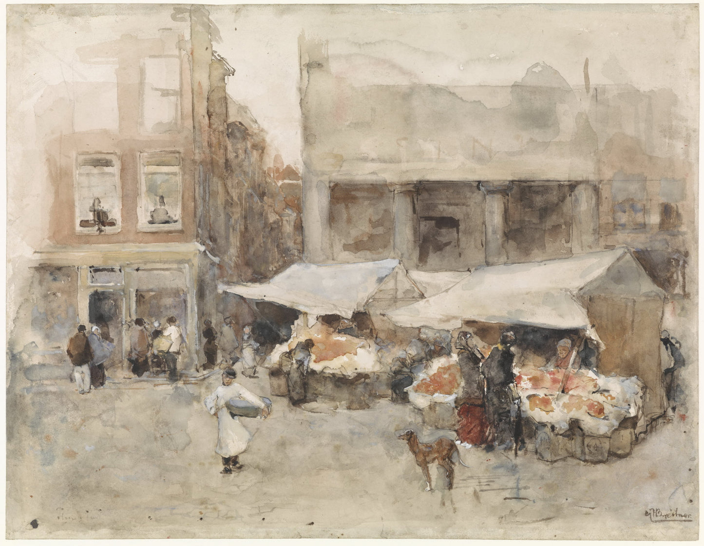 Market with Flower Stalls by Floris Arntzenius,A3(16x12")Poster