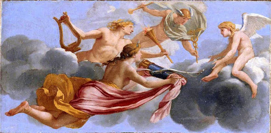 Life of Cupid - Cupid Receiving the Hommage of Diana, Apollo and Mercury (study), vintage artwork by Eustache Le Sueur, 12x8" (A4) Poster