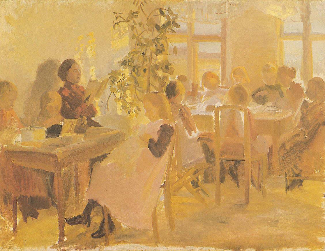 Sewing Class, vintage artwork by Anna Ancher, 12x8" (A4) Poster