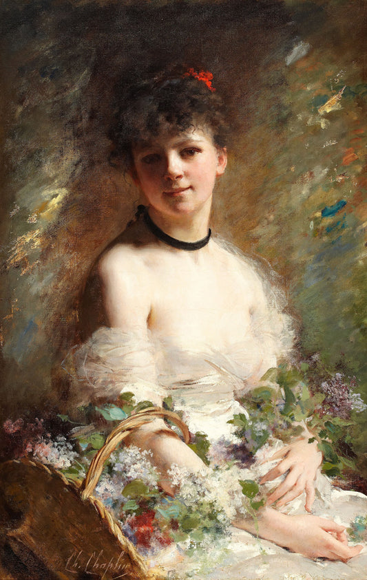 Young Woman with Flower Basket, vintage artwork by Charles Chaplin, 12x8" (A4) Poster