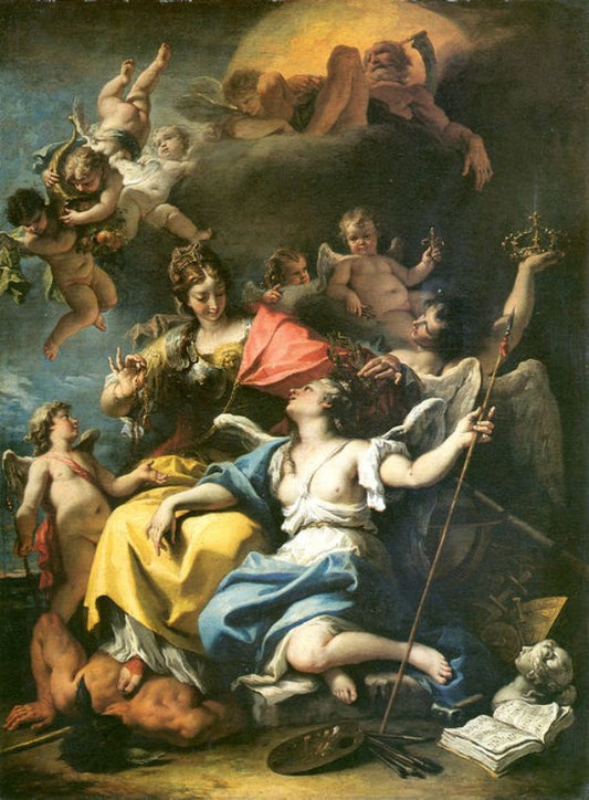 Allegory of France as Minerva is triumphing over Ignorance and Crowning the Virtue, vintage artwork by Sebastiano Ricci, 12x8" (A4) Poster