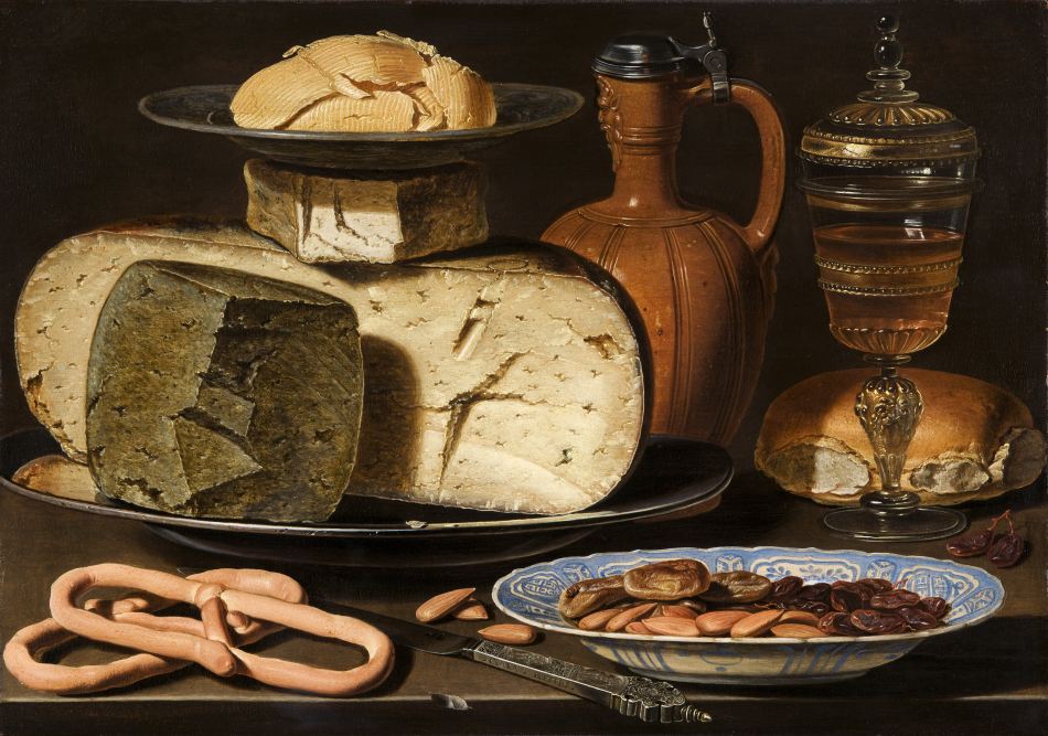 Still Life with Cheeses, Almonds and Pretzels, vintage artwork by Clara Peeters, 12x8" (A4) Poster