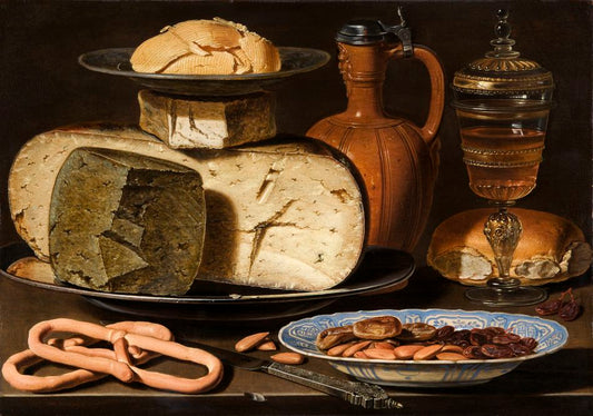 Still Life with Cheeses, Almonds and Pretzels, vintage artwork by Clara Peeters, 12x8" (A4) Poster