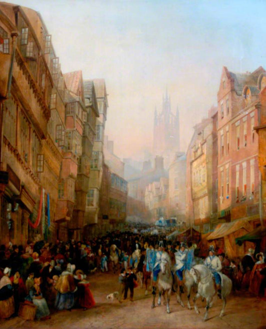 The Side, Newcastle upon Tyne, Sheriff's Procession to Meet the Judges, vintage artwork by Thomas Miles Richardson, Sr., 12x8" (A4) Poster