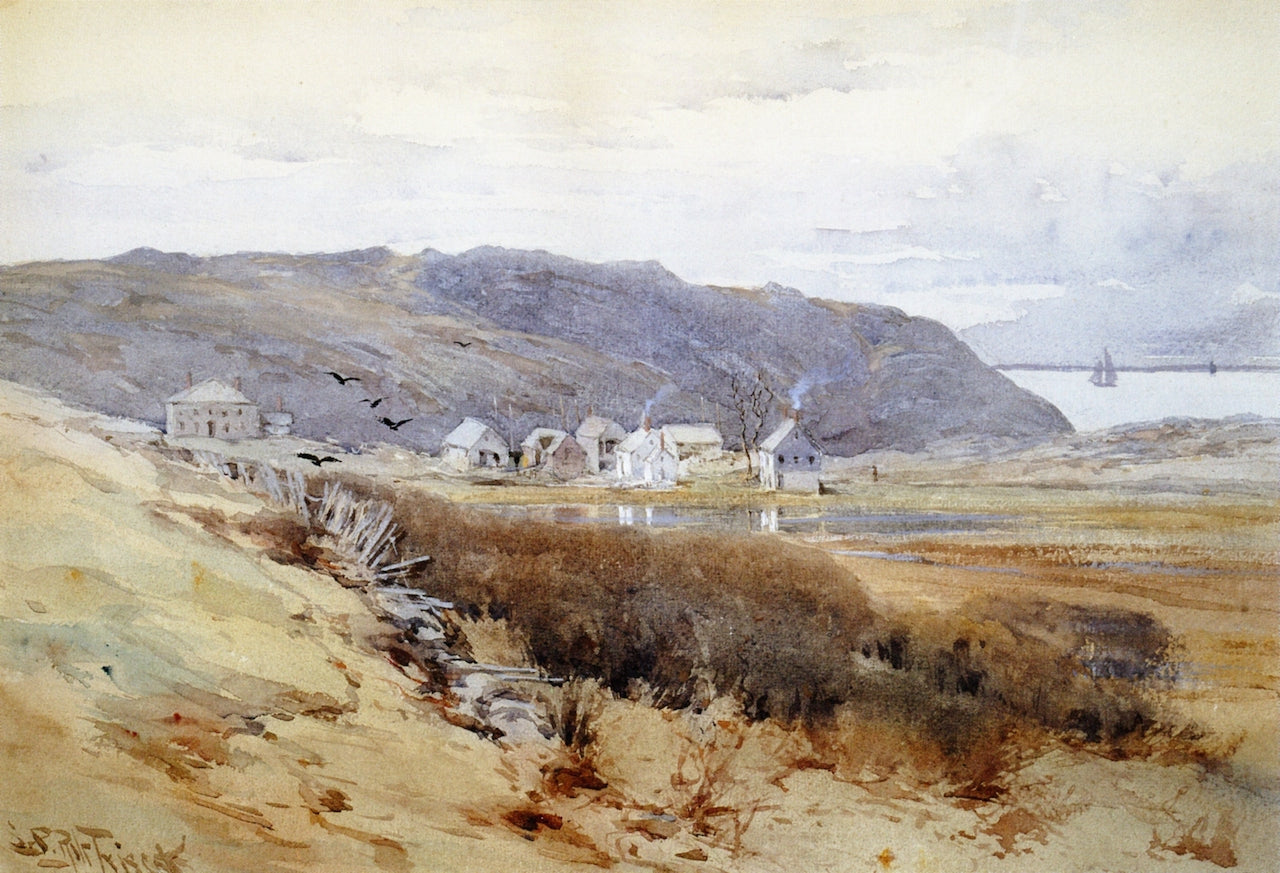 Monhegan Village from Horn's Hill, vintage artwork by Samuel P. R. Triscott, 12x8" (A4) Poster