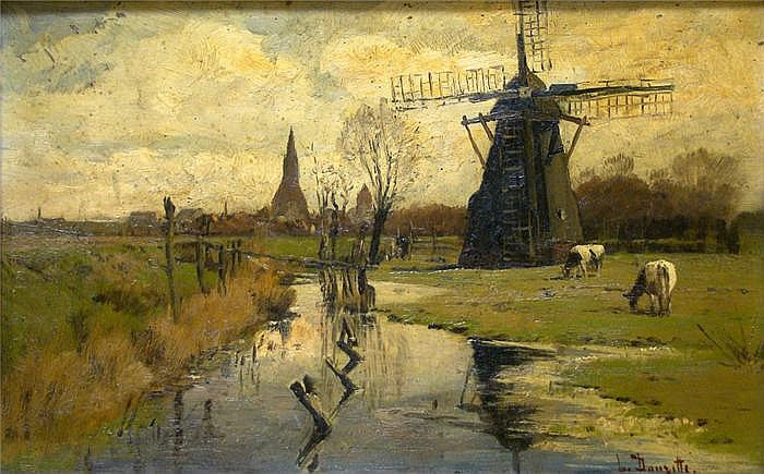 Windmill in Holland, vintage artwork by Louis Douzette, 12x8" (A4) Poster