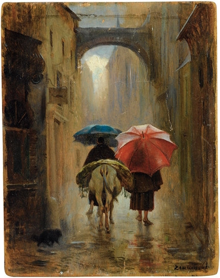 Pilgrims in the Rain, vintage artwork by Eduardo Zamacois y Zabala, 12x8" (A4) Poster