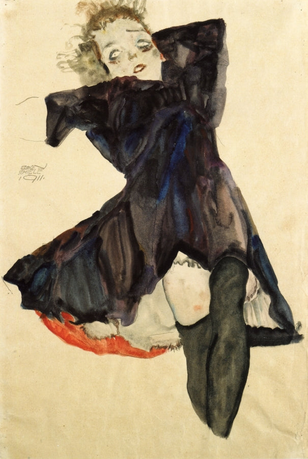 Girl in Blue Dress, vintage artwork by Egon Schiele, 12x8