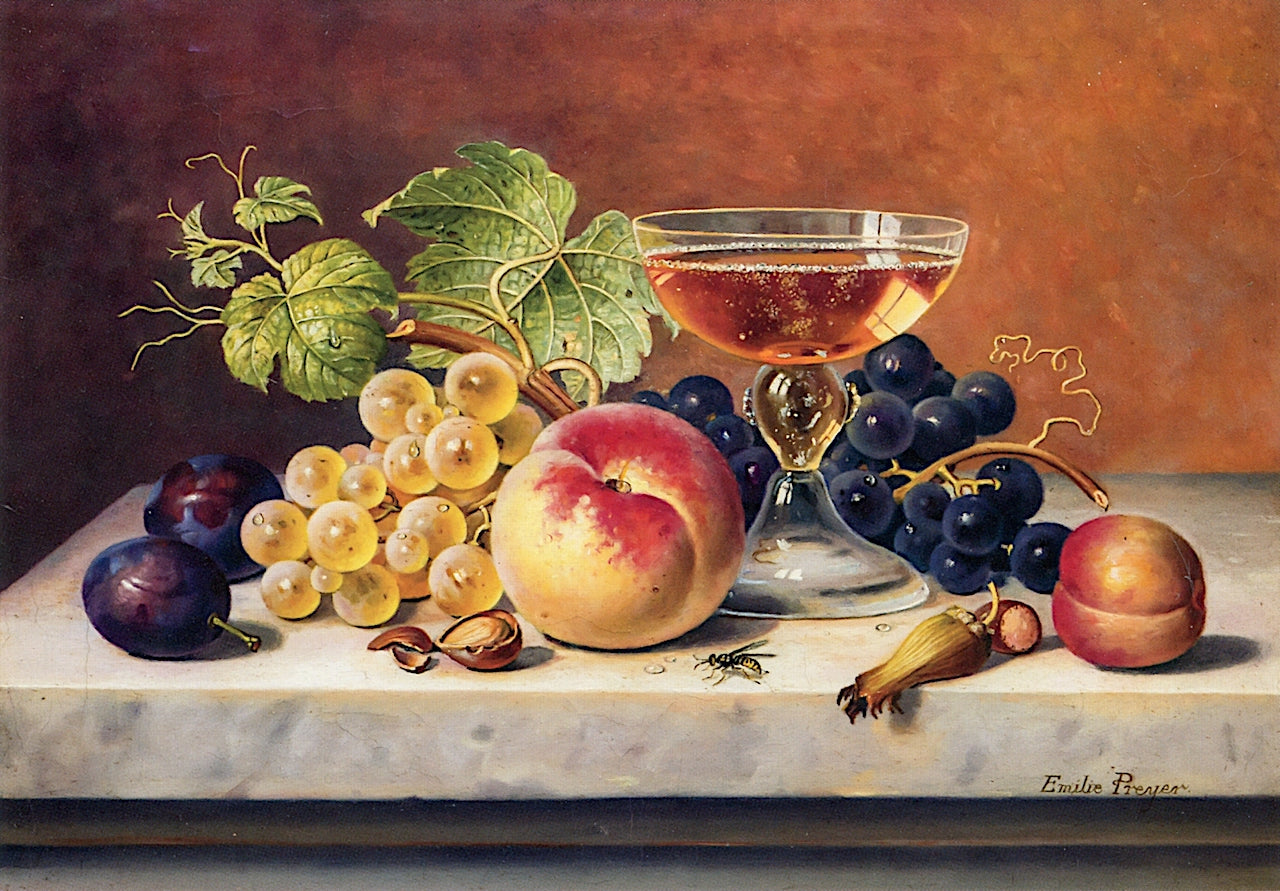 Still Life of Fruit with Bee on a Tabletop, vintage artwork by Emilie Preyer, 12x8" (A4) Poster