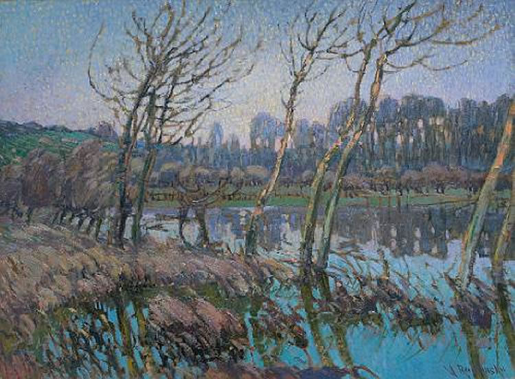 A River landscape near Giverny at dusk, vintage artwork by Václav Radimský, 12x8" (A4) Poster