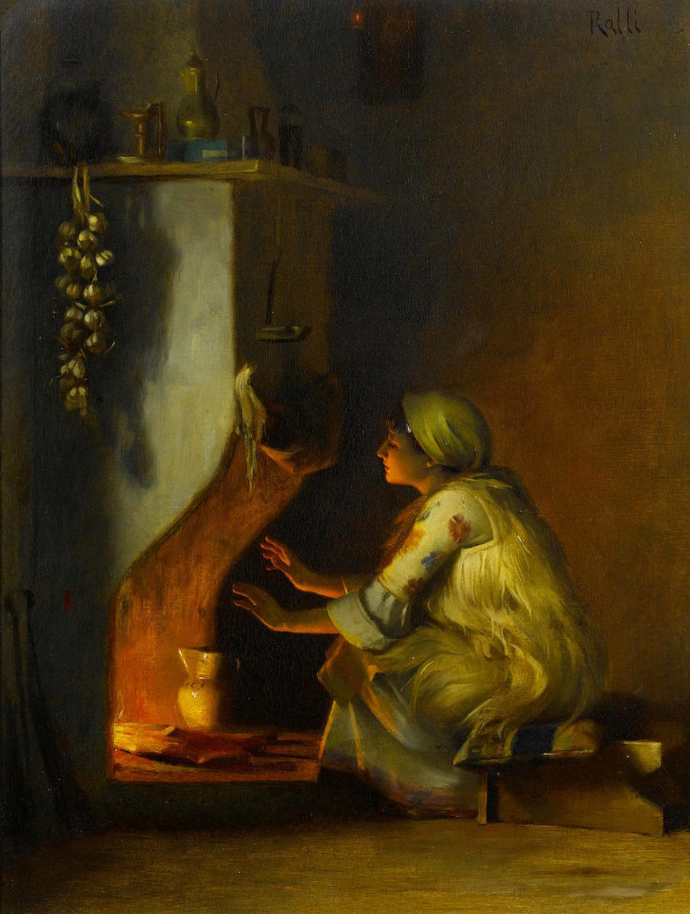 Young Girl by a Fire by Theodoros Ralli,A3(16x12")Poster