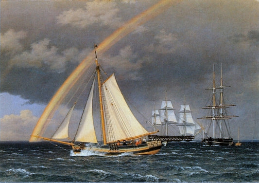 A Schooner Escaping a Pursuing Frigate, vintage artwork by Christoffer Wilhelm Eckersberg, 12x8" (A4) Poster
