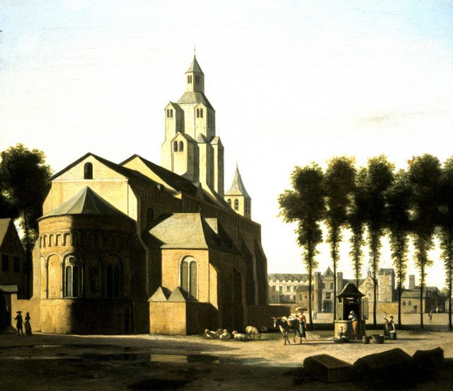 Church of Saint Cecelia, Cologne, vintage artwork by Gerrit Adriaensz.Berckheyde, 12x8" (A4) Poster