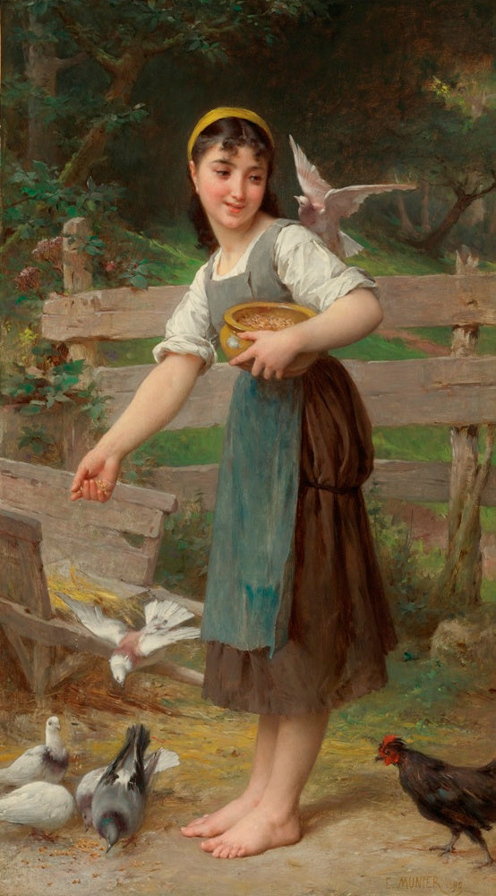 Feeding the Doves, vintage artwork by Émile Munier, 12x8" (A4) Poster