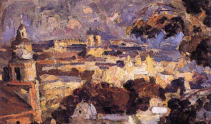 Panorama of Santiago, vintage artwork by Juan Francisco Gonzalez Escobar, 12x8" (A4) Poster