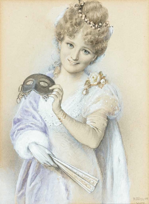 Woman with a Mask, vintage artwork by Rudolf Rössler, 12x8" (A4) Poster