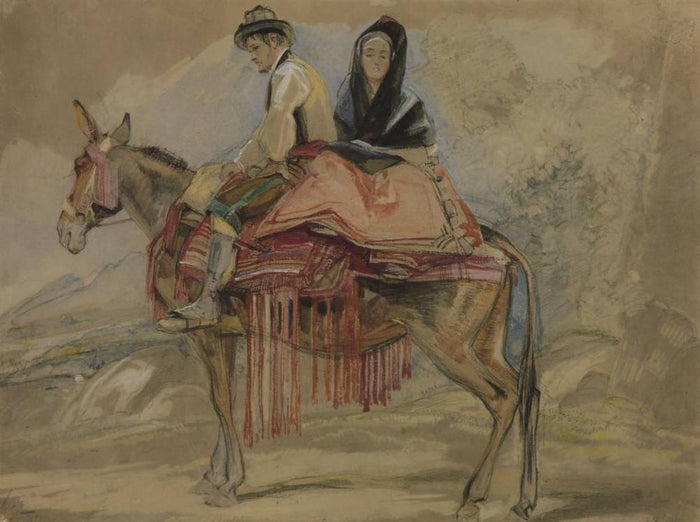 Spanish Couple Riding a Mule, vintage artwork by John Frederick Lewis, RA, A3 (16x12