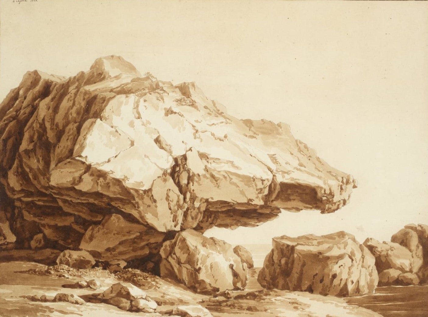 A Rock on the Shore, vintage artwork by Jakob Philipp Hackert, 12x8" (A4) Poster