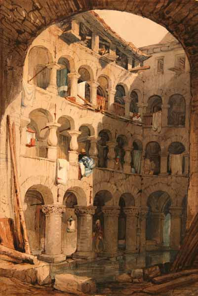 Inner Court with Arches and Water, vintage artwork by Samuel Prout, A3 (16x12") Poster Print