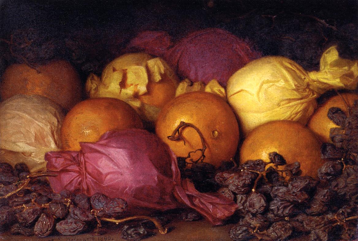 Still Life with Oranges and Raisins, vintage artwork by Lemuel Everett Wilmarth, 12x8" (A4) Poster