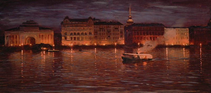 Neva Embankment in the Evening, vintage artwork by Nikolai Nikanorovich Dubovskoy, 12x8" (A4) Poster