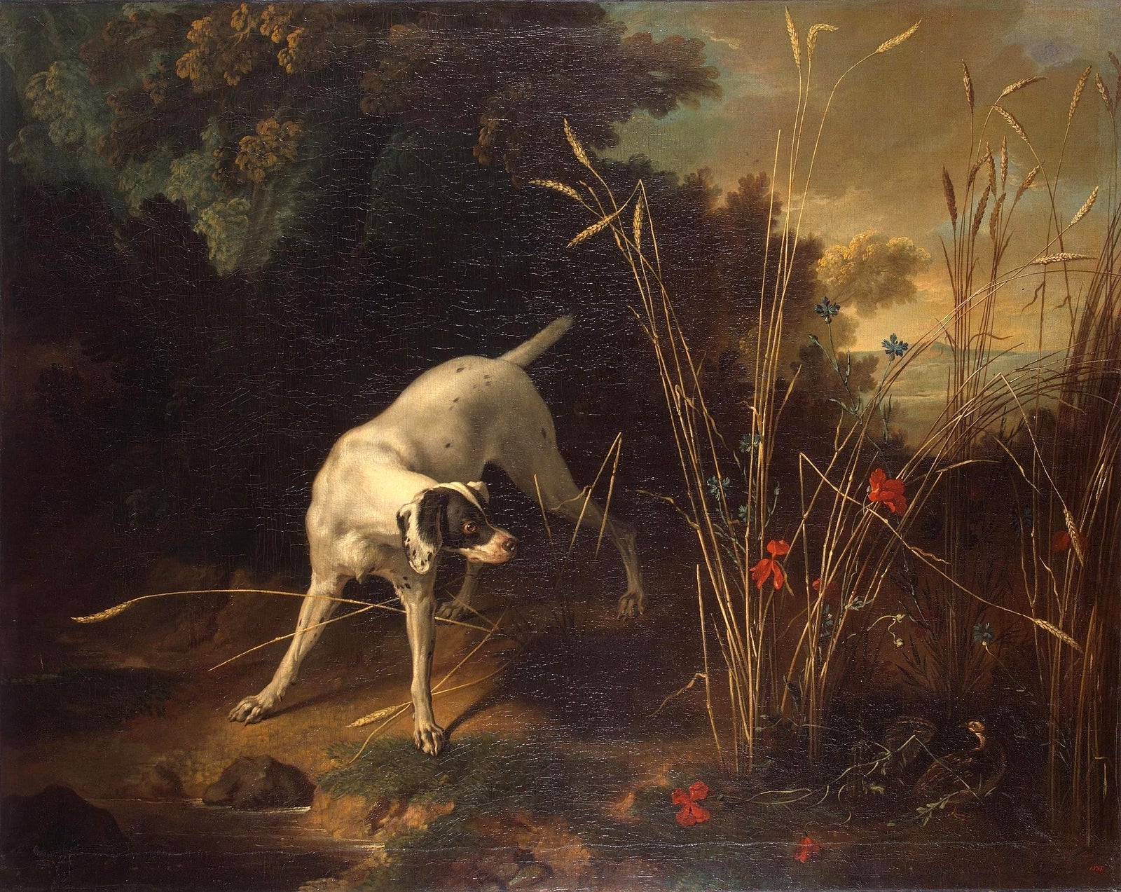 Dog Pointing a Partridge, vintage artwork by Jean-Baptiste Oudry, 12x8" (A4) Poster