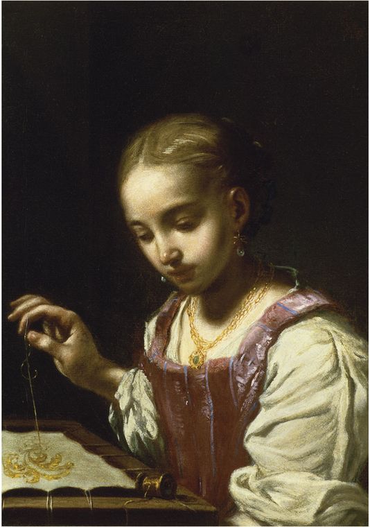 Girl Sewing, vintage artwork by Antonio Mercurio Amorosi, 12x8" (A4) Poster
