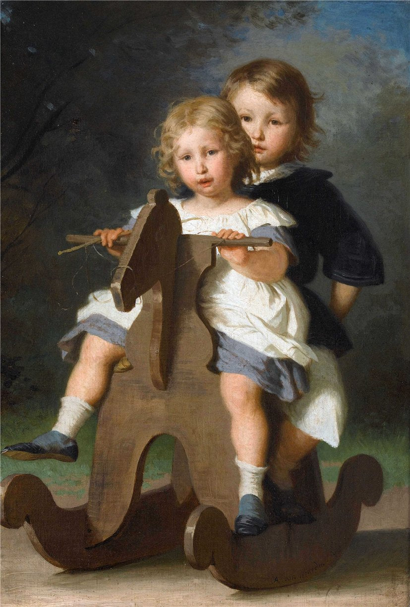 Theophile And Berthold van Muyden On A Rocking Horse, vintage artwork by Alfred Jacques van Muyden, A3 (16x12") Poster Print