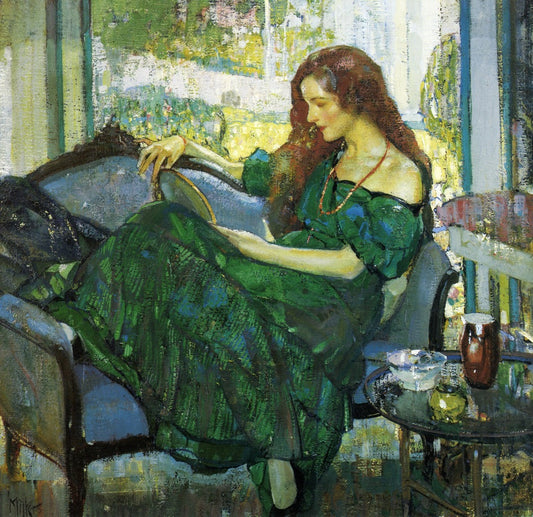 Miss "V" in Green, vintage artwork by Richard Edward Miller, 12x8" (A4) Poster
