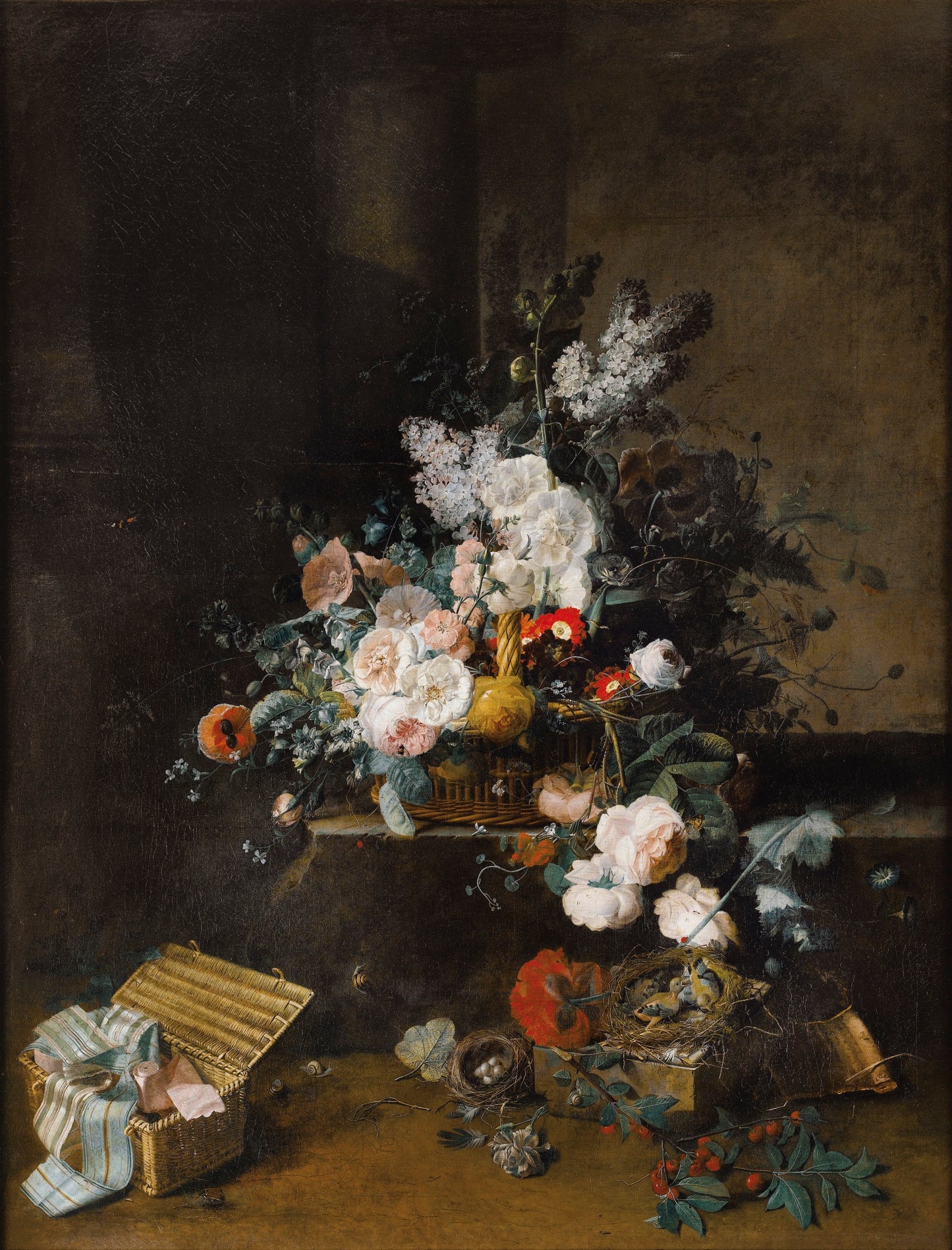 Still life with a basket of flowers and a box of ribbons, vintage artwork by Jean Louis Prevost, 12x8" (A4) Poster