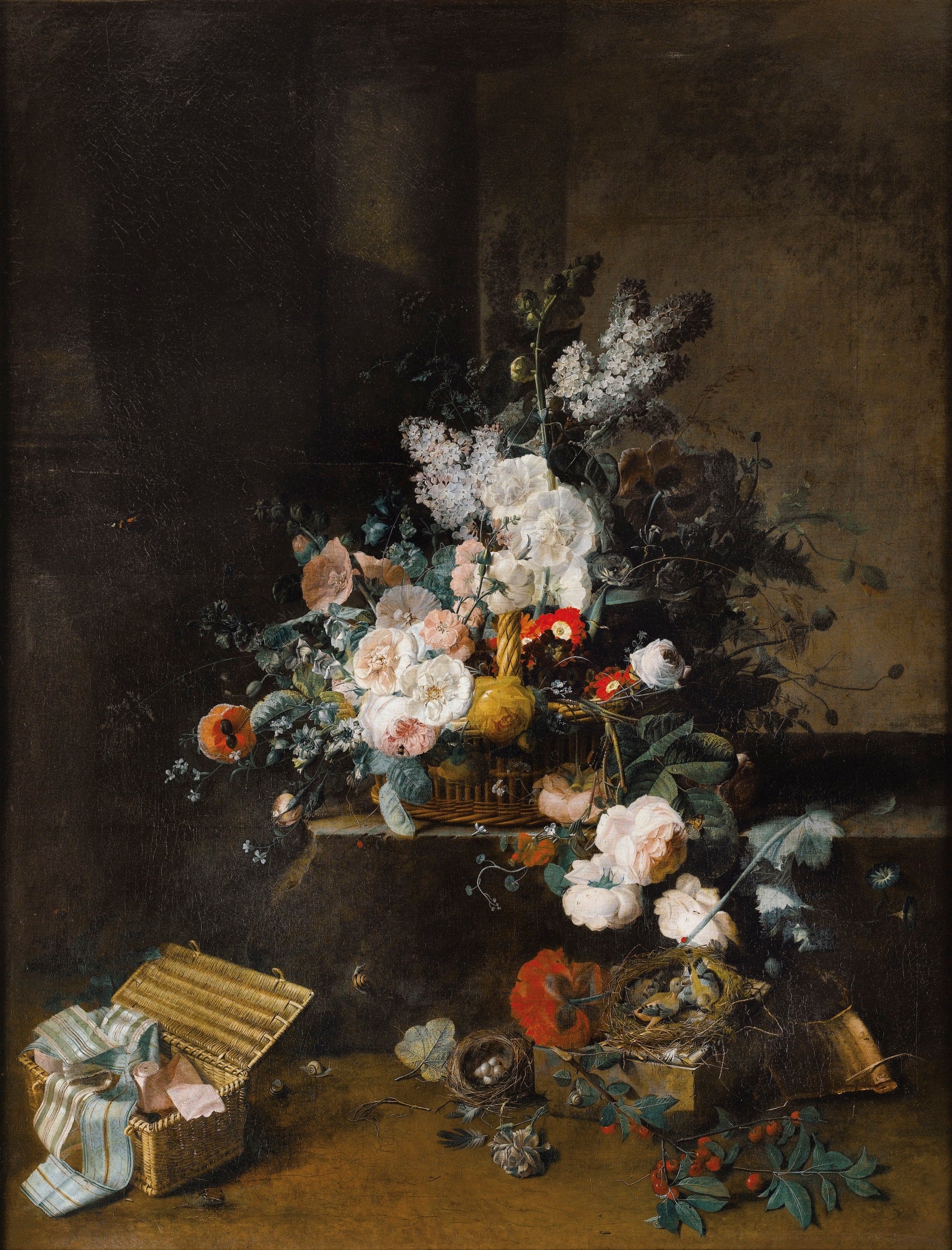 Still life with a basket of flowers and a box of ribbons, vintage artwork by Jean Louis Prevost, 12x8" (A4) Poster