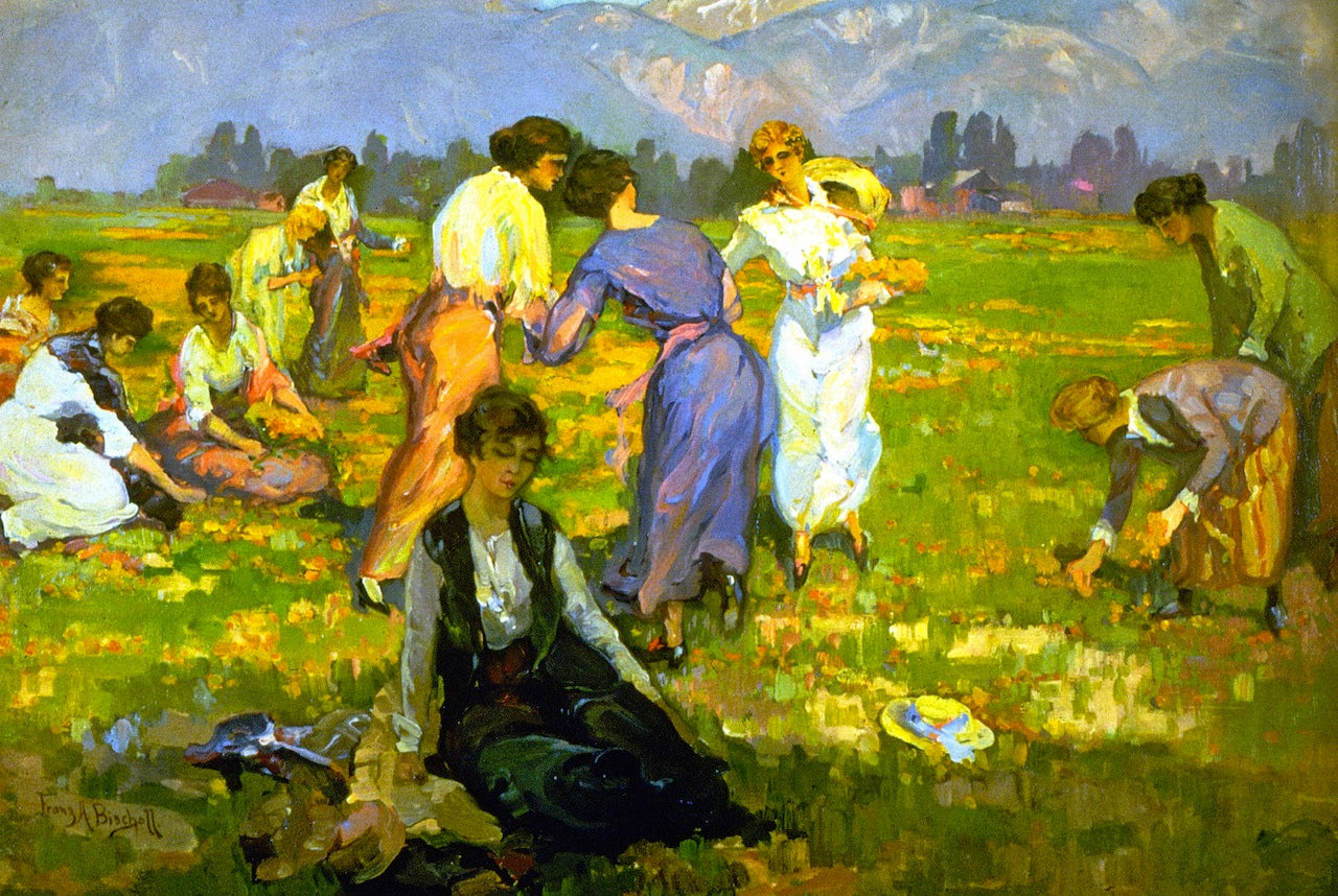 Picking Poppies, Pasadena, vintage artwork by Franz Bischoff, 12x8" (A4) Poster