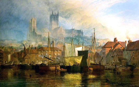 Lincoln Cathedral from Brayford, vintage artwork by Henry Dawson, A3 (16x12") Poster Print