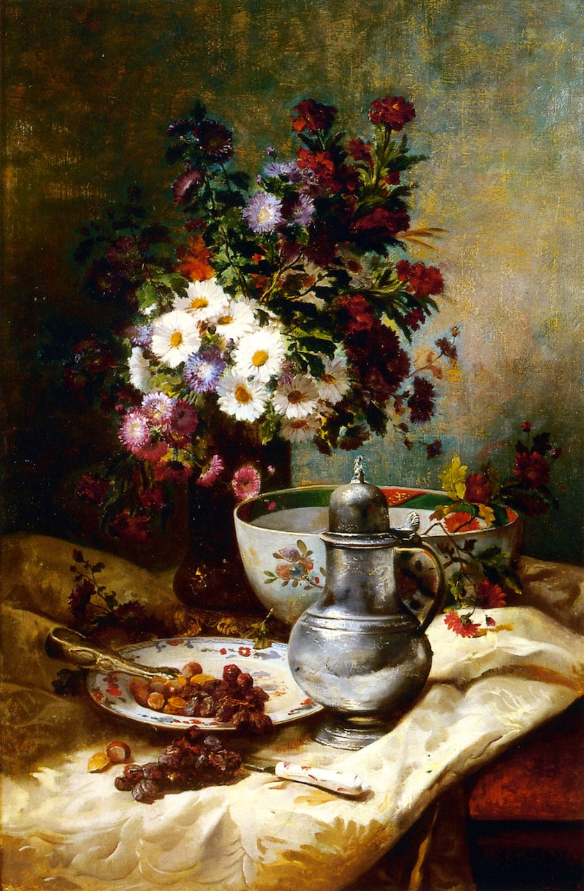 Country Bouquet with a Place of Raisins and Hazelnuts, vintage artwork by Eugene Henri Cauchois, 12x8" (A4) Poster