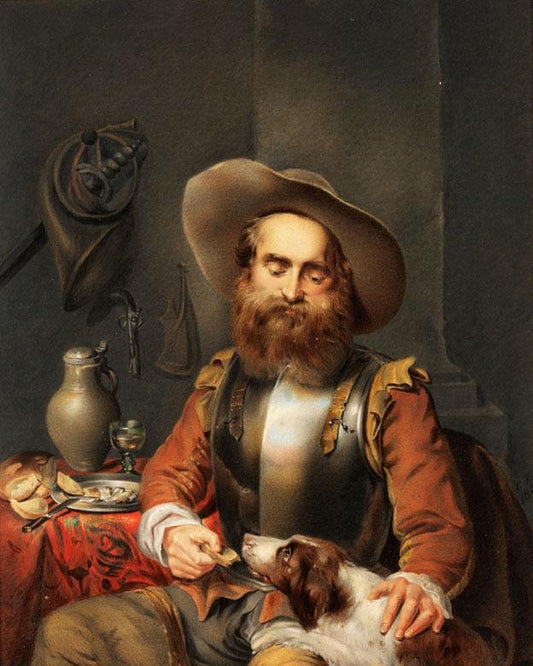 A Seated Soldier in Armor Feeding Table Scraps to a Hound, vintage artwork by Carl Haag, A3 (16x12") Poster Print